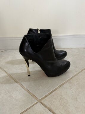 Guess by Marciano Black Leather Ankle Boots with Gold Heel Accent